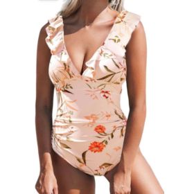 Belly One-piece V-neck Flounce Lace-up Multi-color Women's Swimsuit (Option: Skin Color-XL)